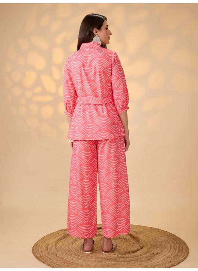 Globus Women Coral Shirt Collar Puff Sleeves Abstract Print Tunic With Palazzos & Embroidered Belt Festive Co-Ord Set - Image 4